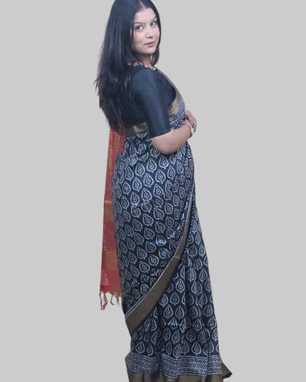 Celestial Black & Red Handblock Silk Saree
