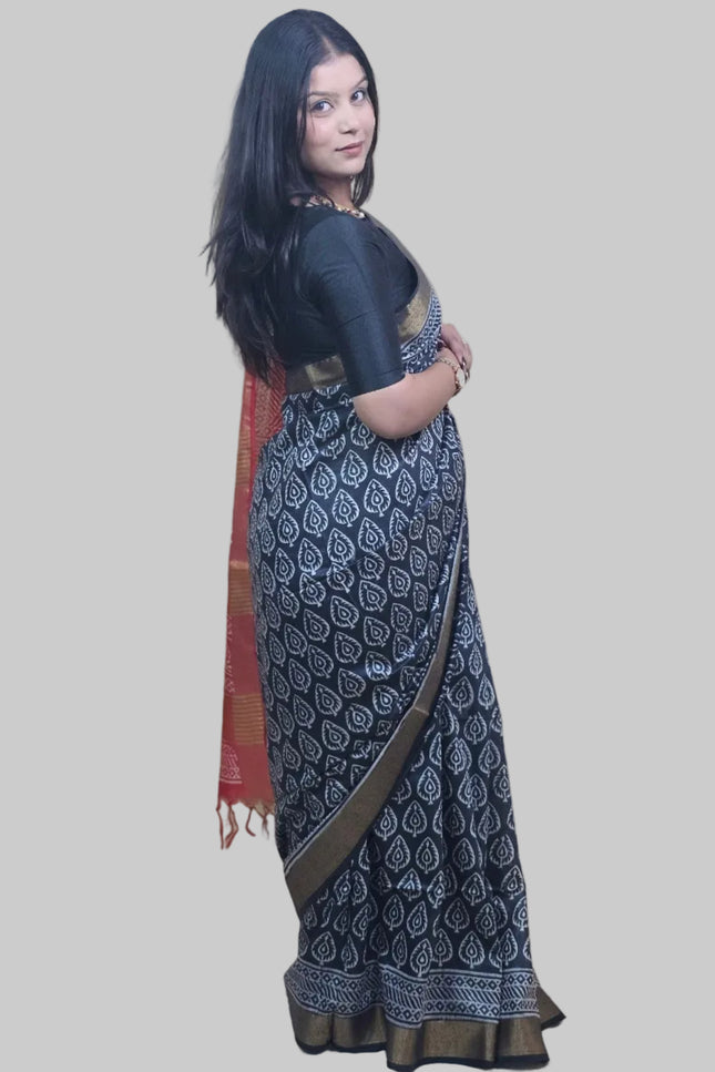 Celestial Black & Red Handblock Silk Saree