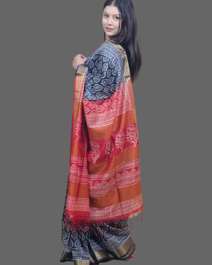 Celestial Black & Red Handblock Silk Saree