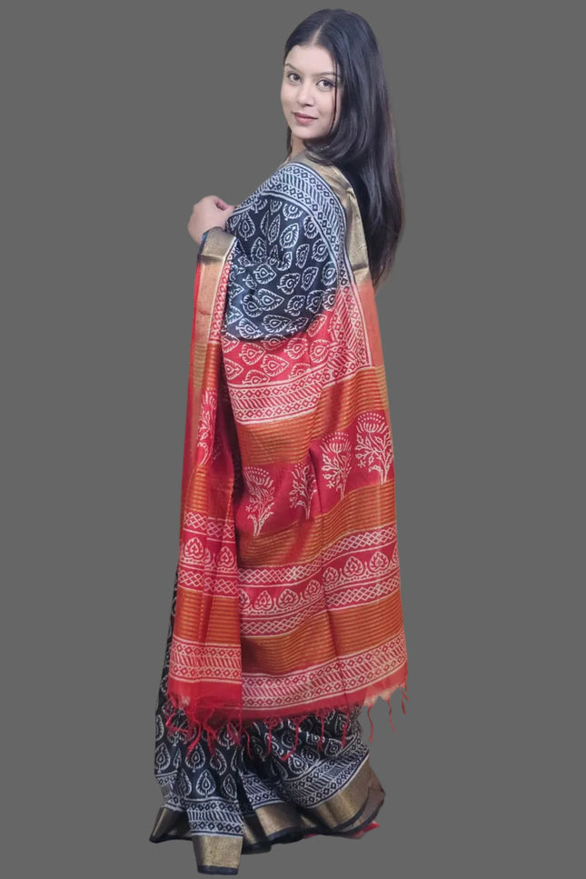 Celestial Black & Red Handblock Silk Saree