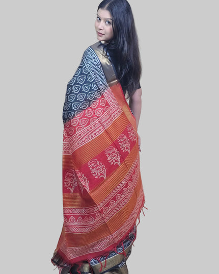 Celestial Black & Red Handblock Silk Saree