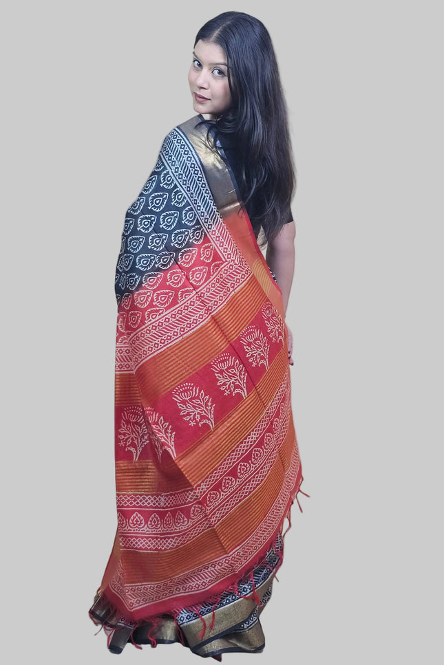 Celestial Black & Red Handblock Silk Saree