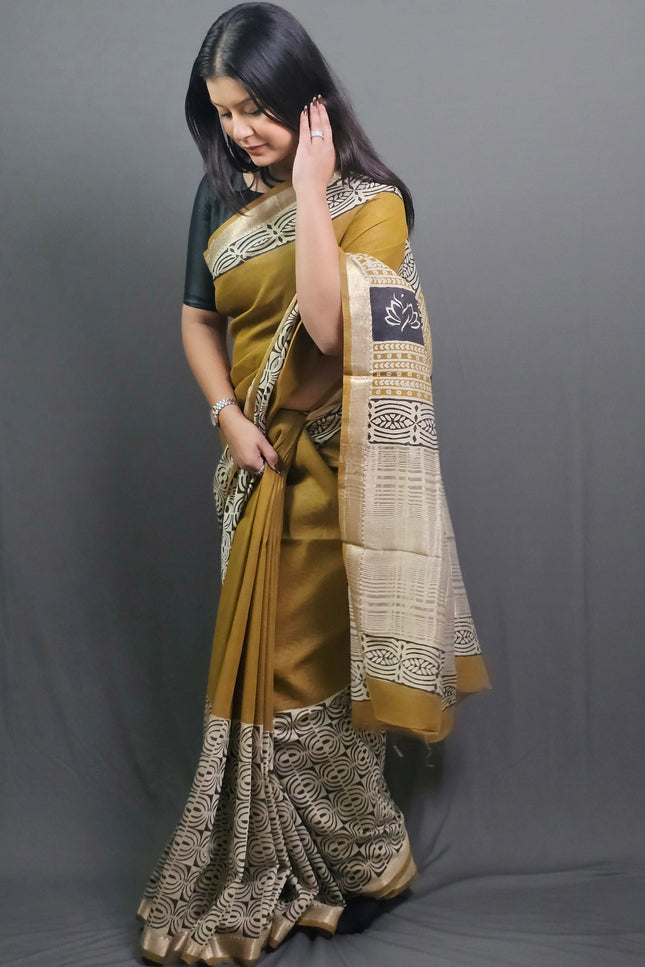 Mustard Maheswari Silk Saree