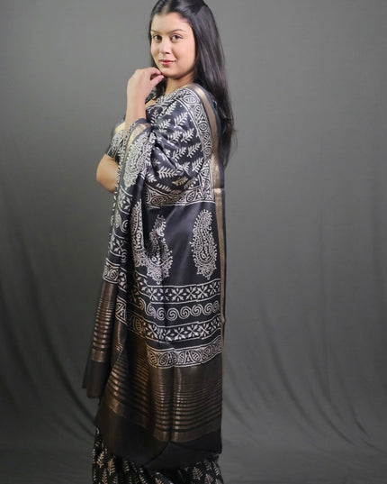 Midnight Fern Art Silk Hand Block Saree - Black with Gold Border