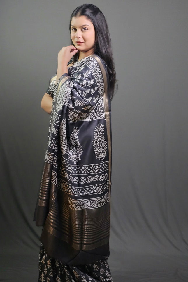 Midnight Fern Art Silk Hand Block Saree - Black with Gold Border
