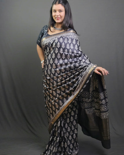 Midnight Fern Art Silk Hand Block Saree - Black with Gold Border
