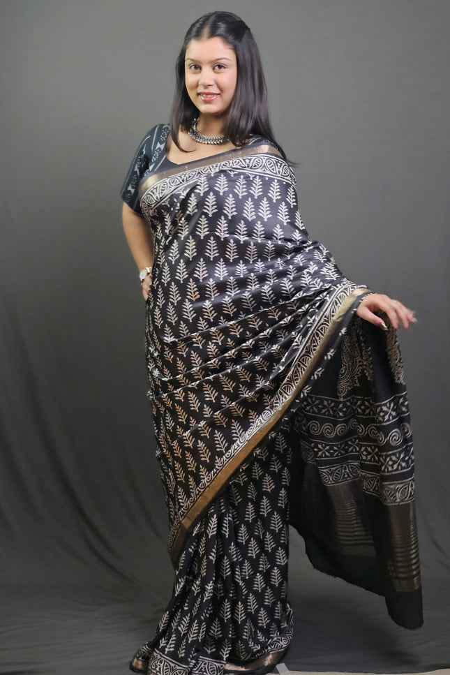 Midnight Fern Art Silk Hand Block Saree - Black with Gold Border