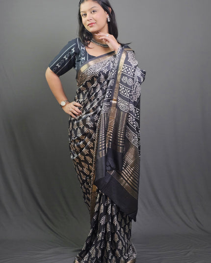 Midnight Fern Art Silk Hand Block Saree - Black with Gold Border