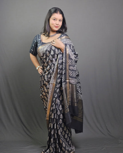 Midnight Fern Art Silk Hand Block Saree - Black with Gold Border