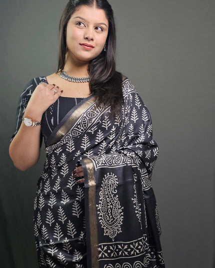 Midnight Fern Art Silk Hand Block Saree - Black with Gold Border