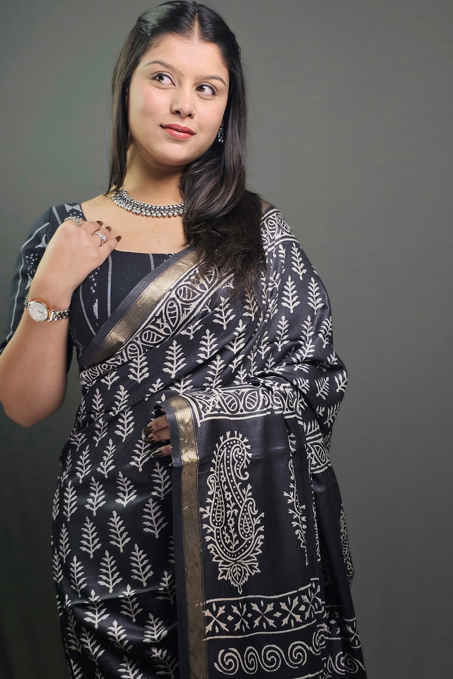 Midnight Fern Art Silk Hand Block Saree - Black with Gold Border