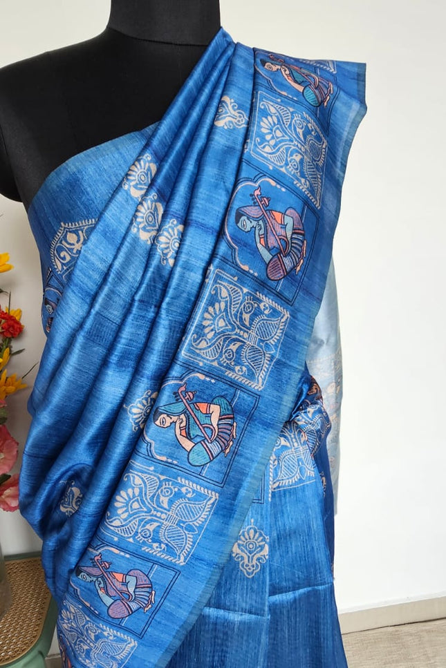 Saraswati Blue Madhubani Silk Blend Saree