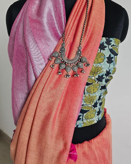 Coral Orange with Pink Shimmer Tissue Blend Saree