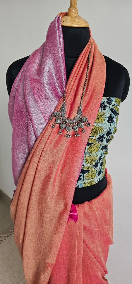 Coral Orange with Pink Shimmer Tissue Blend Saree