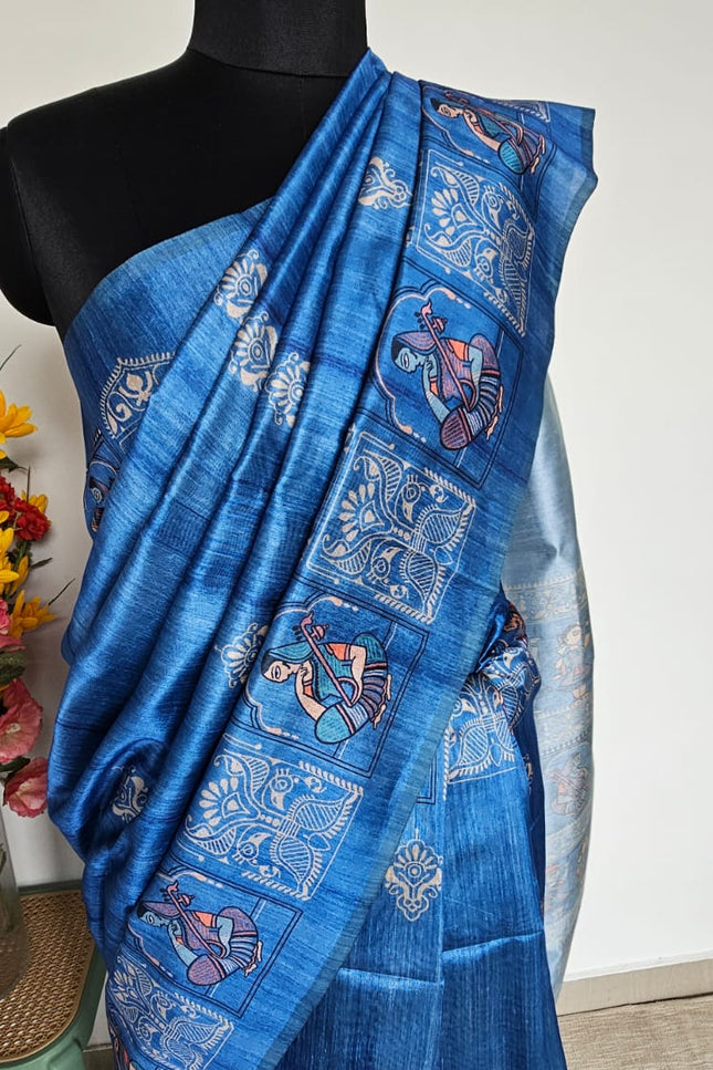 Saraswati Blue Madhubani Silk Blend Saree