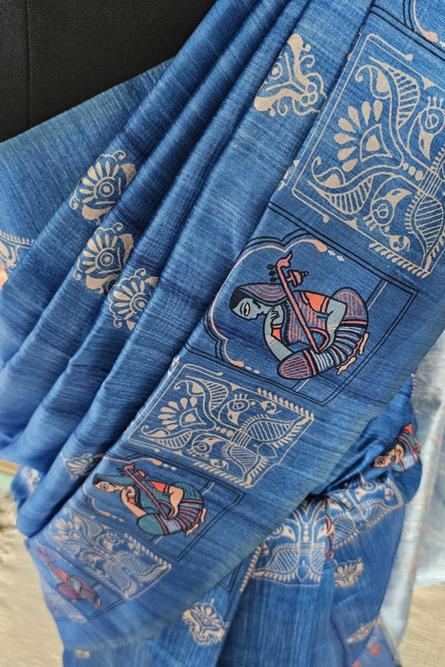 Saraswati Blue Madhubani Silk Blend Saree