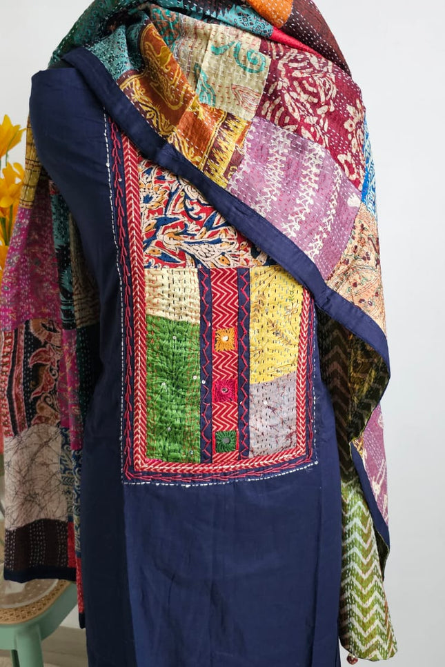 Navy Blue Kantha Work Salwar Suit with Dupatta