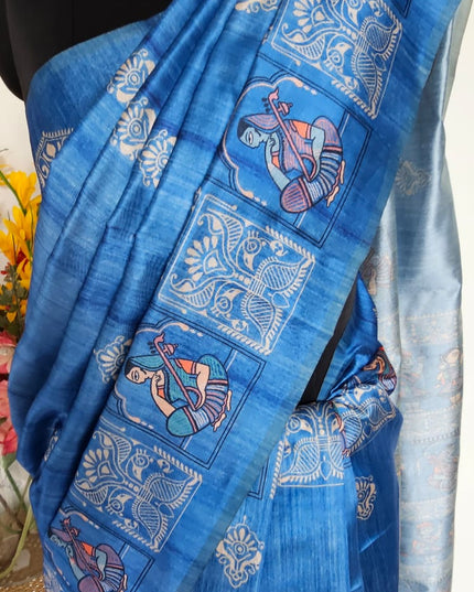 Saraswati Blue Madhubani Silk Blend Saree