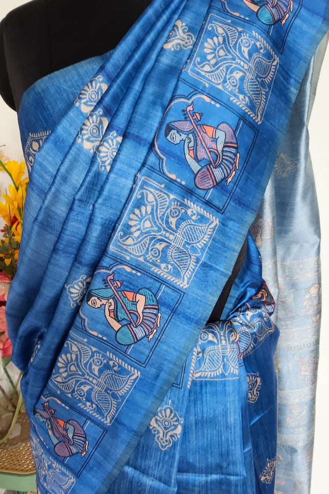 Saraswati Blue Madhubani Silk Blend Saree