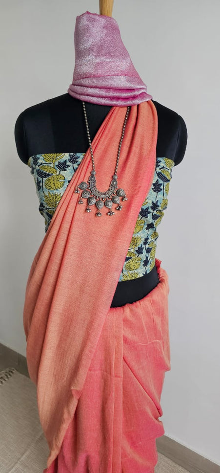 Coral Orange with Pink Shimmer Tissue Blend Saree