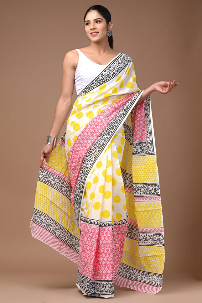 Mul Cotton Saree Sunshine Polka