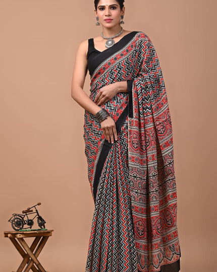 Red & Black Mul Cotton Saree with blouse
