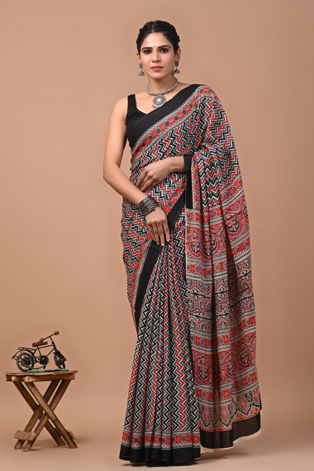 Red & Black Mul Cotton Saree with blouse