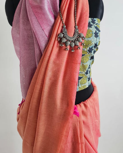Coral Orange with Pink Shimmer Tissue Blend Saree