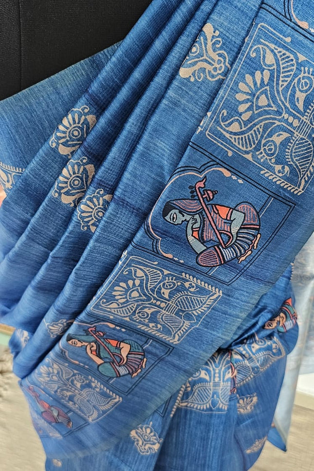 Saraswati Blue Madhubani Silk Blend Saree