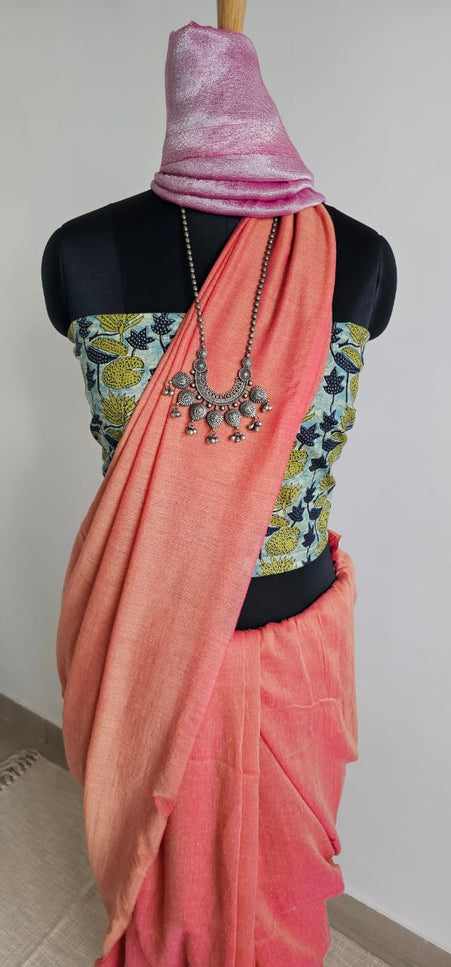 Coral Orange with Pink Shimmer Tissue Blend Saree