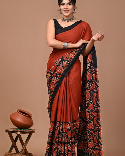 Rust Mul Cotton Saree with blouse