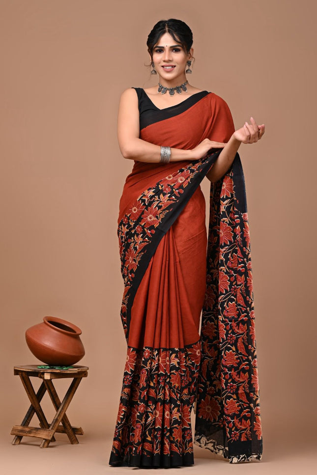 Rust Mul Cotton Saree with blouse