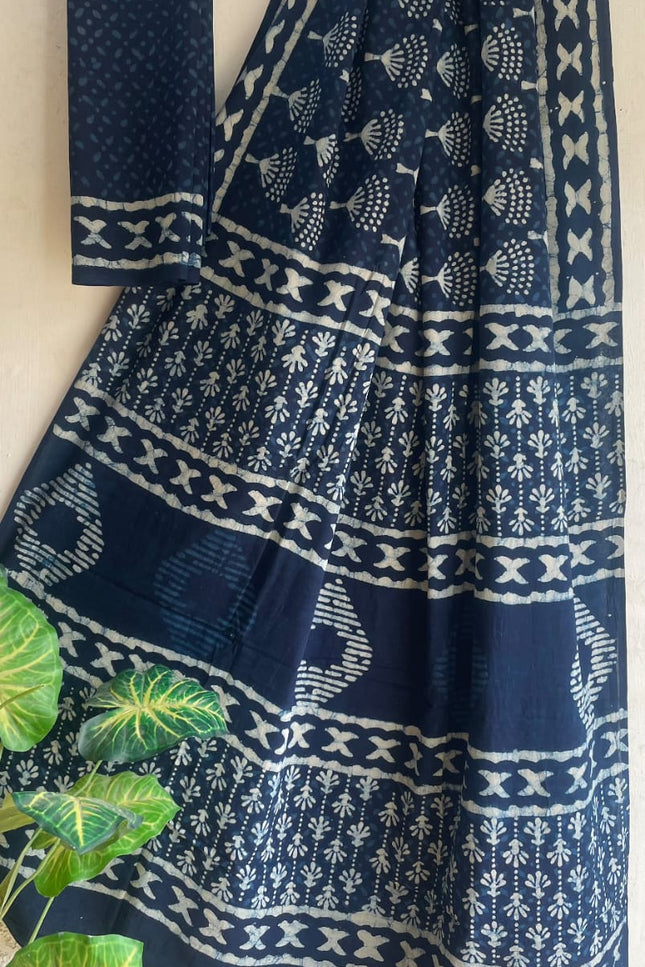 Indigo Blue Mul Cotton saree with blouse