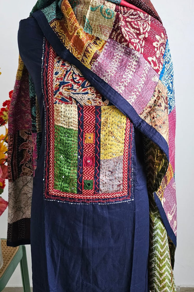 Navy Blue Kantha Work Salwar Suit with Dupatta