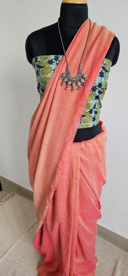 Coral Orange with Pink Shimmer Tissue Blend Saree
