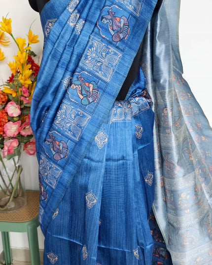 Saraswati Blue Madhubani Silk Blend Saree