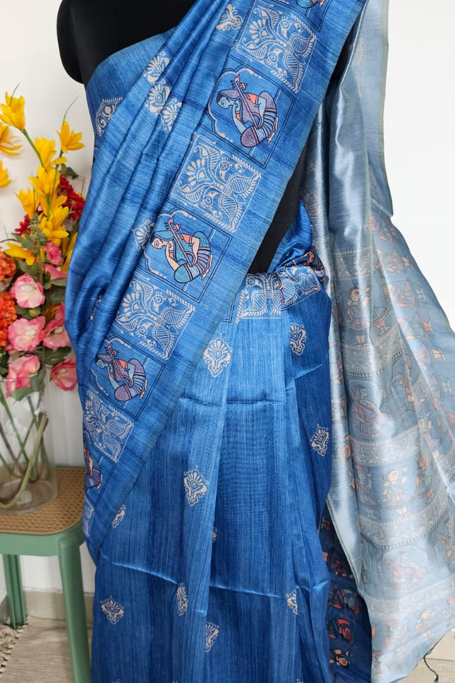 Saraswati Blue Madhubani Silk Blend Saree