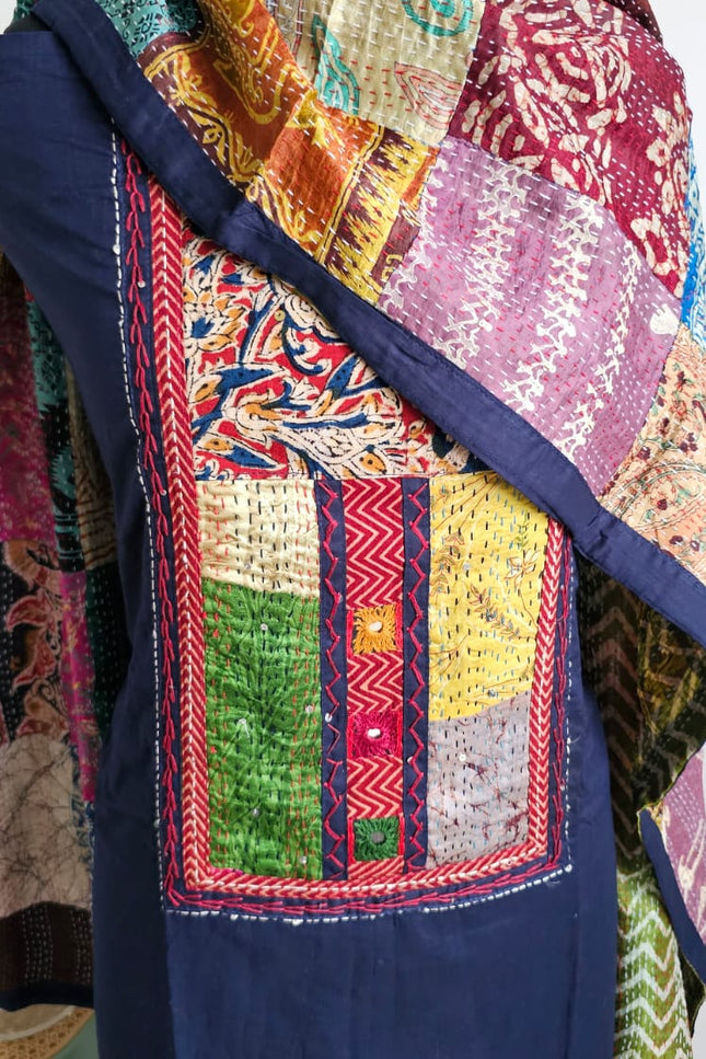 Navy Blue Kantha Work Salwar Suit with Dupatta