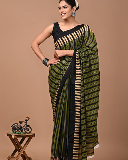 Olive Green Mul Cotton Saree