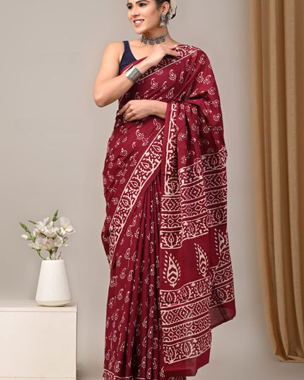 Red Mul Cotton Saree with blouse