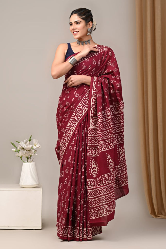 Red Mul Cotton Saree with blouse