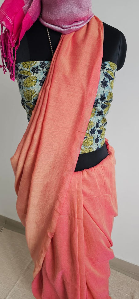 Coral Orange with Pink Shimmer Tissue Blend Saree