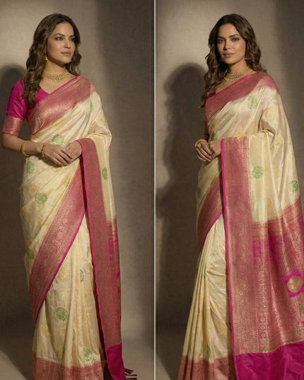 Sacred Ivory Pink Border Banarasi Silk Saree