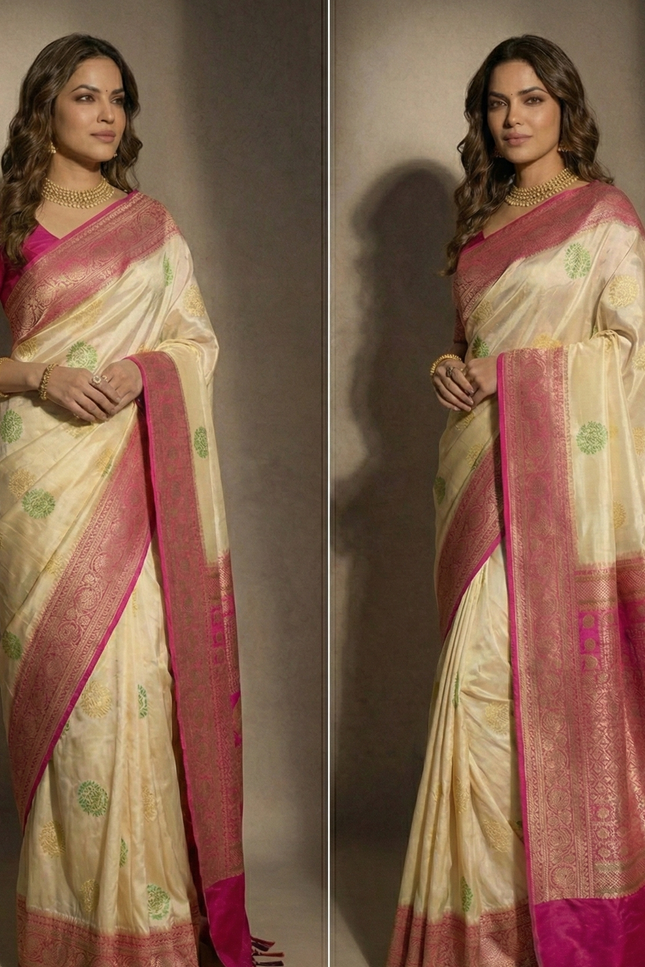 Sacred Ivory Pink Border Banarasi Silk Saree