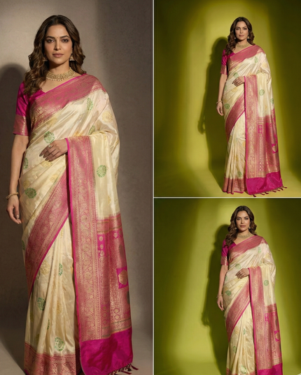 Sacred Ivory Pink Border Banarasi Silk Saree