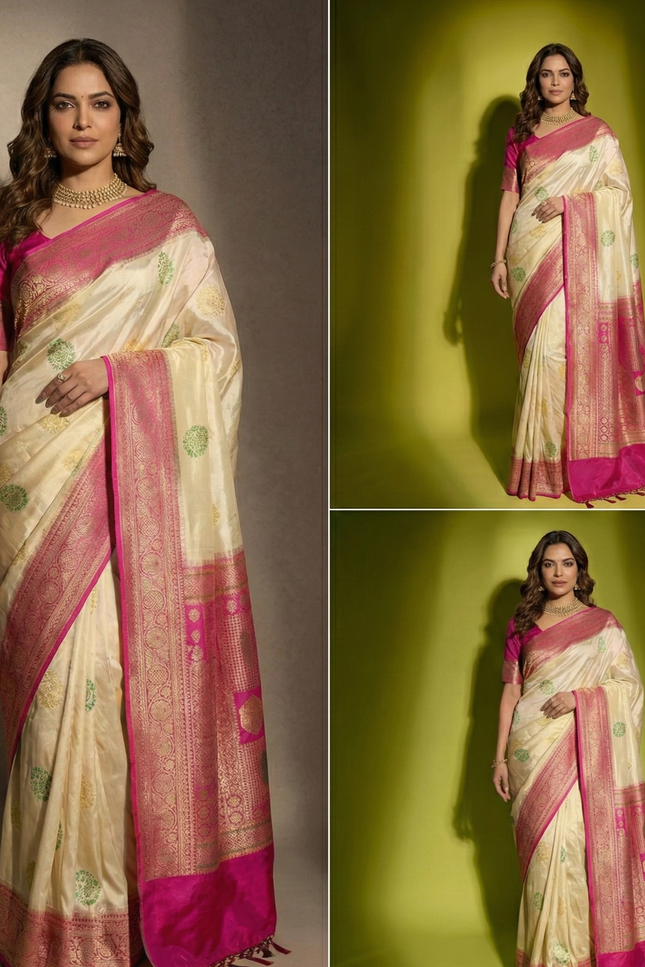 Sacred Ivory Pink Border Banarasi Silk Saree