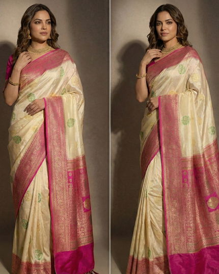 Sacred Ivory Pink Border Banarasi Silk Saree