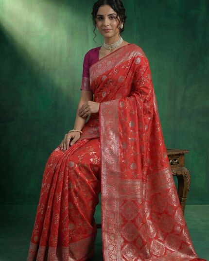 Sacred Shakti Red Silver Banarasi Silk Saree