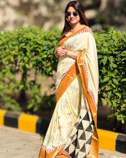 Morning Light Block Print Dola Silk Saree