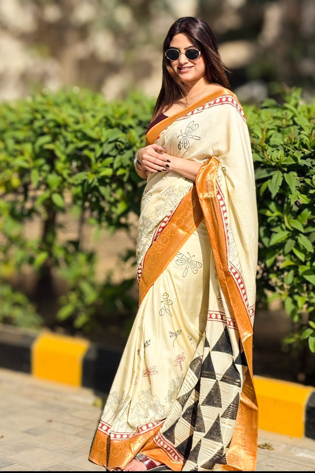 Morning Light Block Print Dola Silk Saree